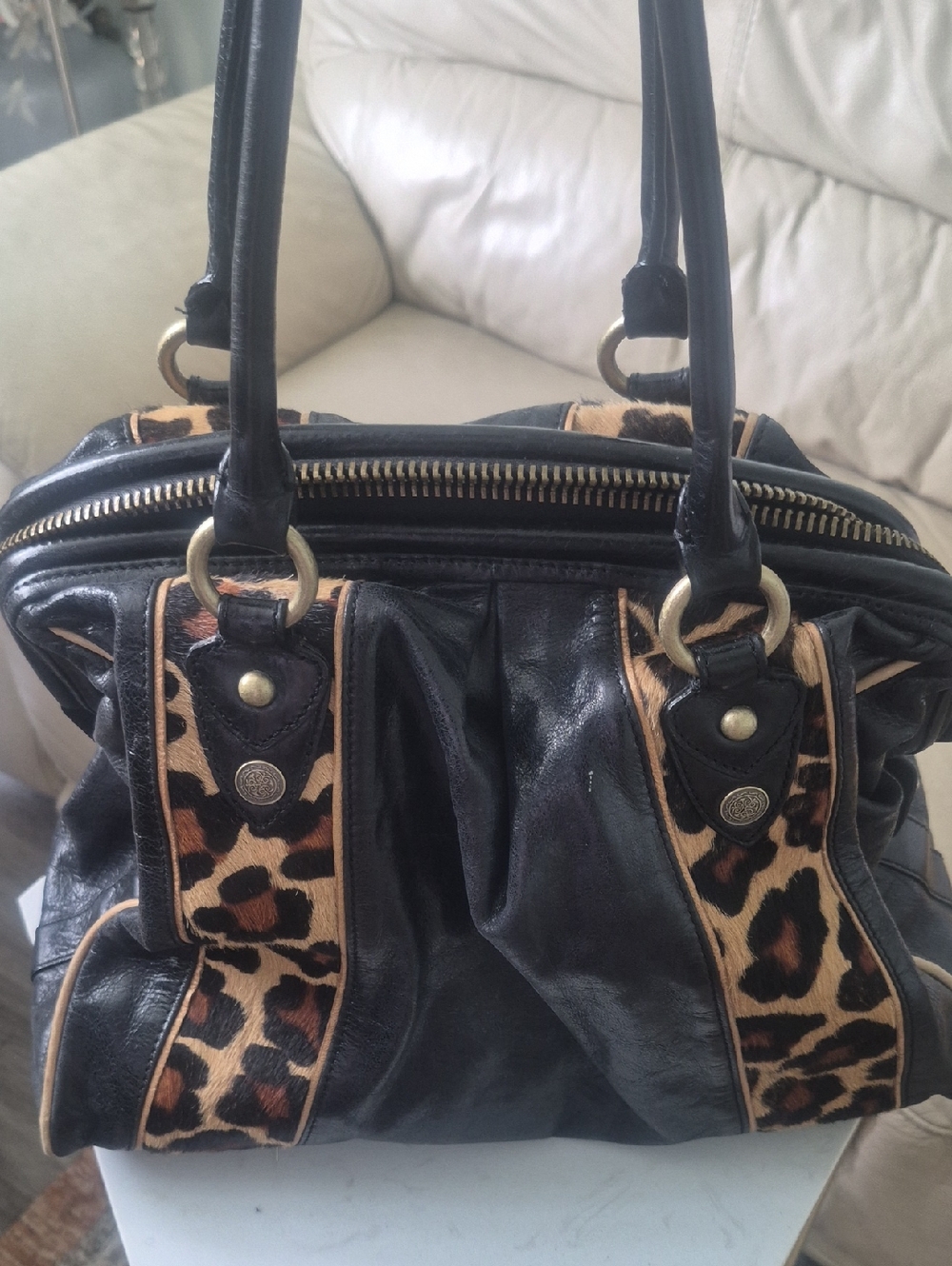 Cynthia Rowley Black Leather Shoulder Bag with Leopard Accents